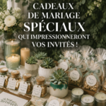 Sélection de cadeaux de mariage uniques présentés sur une table avec une décoration florale.