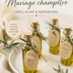Sélection de cadeaux originaux pour mariage champêtre sur une table décorée.