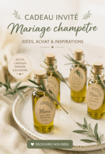 Sélection de cadeaux originaux pour mariage champêtre sur une table décorée.