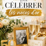 Couple célébrant leurs noces d'or entouré d'amis et de famille.