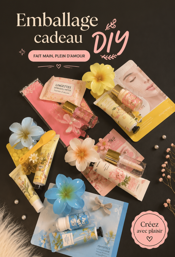 Emballages cadeaux créatifs faits main avec des matériaux colorés et naturels.