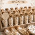 Fioles de dragées champêtres en verre sur une table de mariage