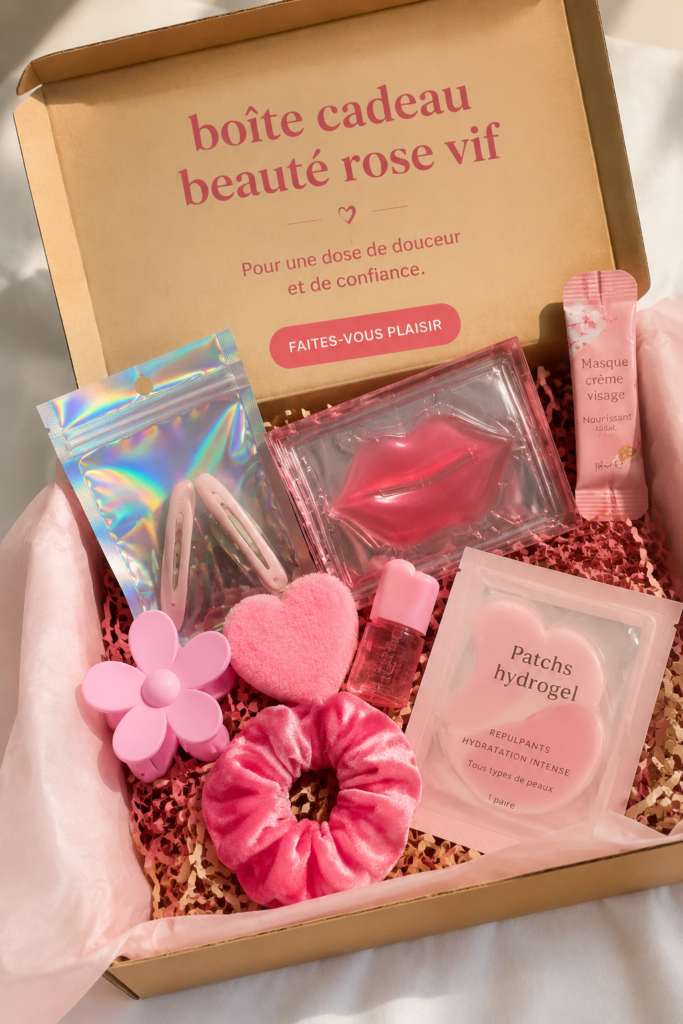 Une boîte cadeau beauté rose pétant remplie de produits de beauté
