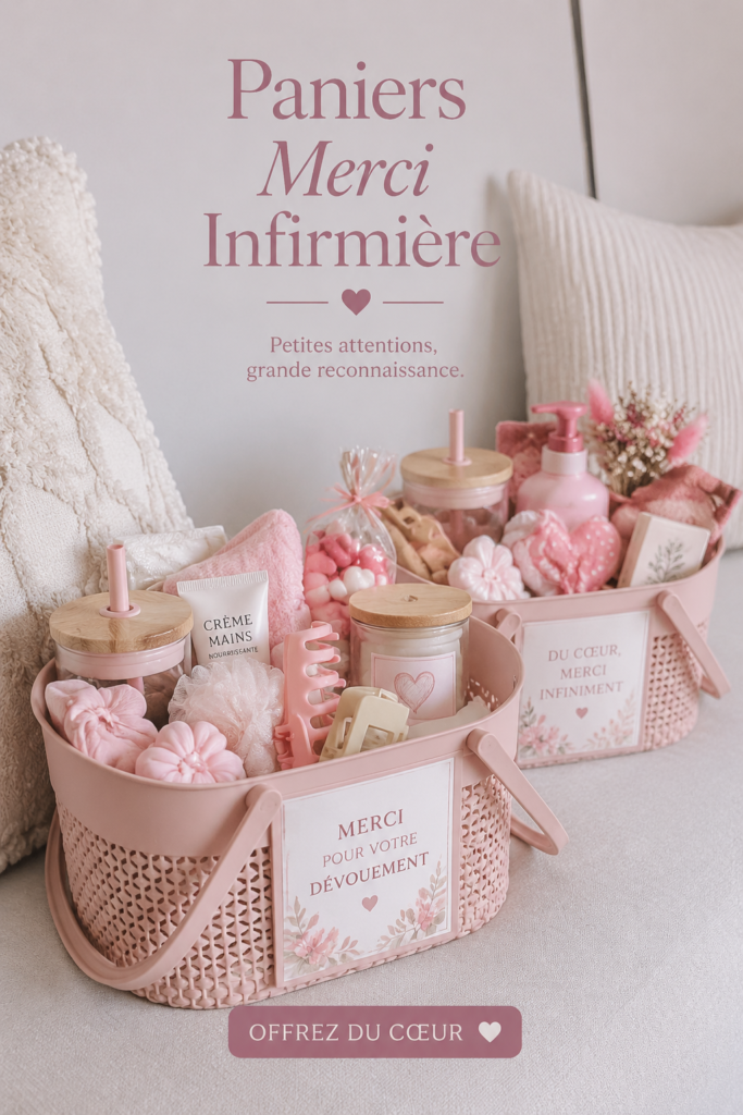 Panier cadeau rempli de douceurs et de produits de soin à offrir à une infirmière