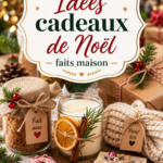 Une table décorée avec des cadeaux de Noël faits maison et colorés