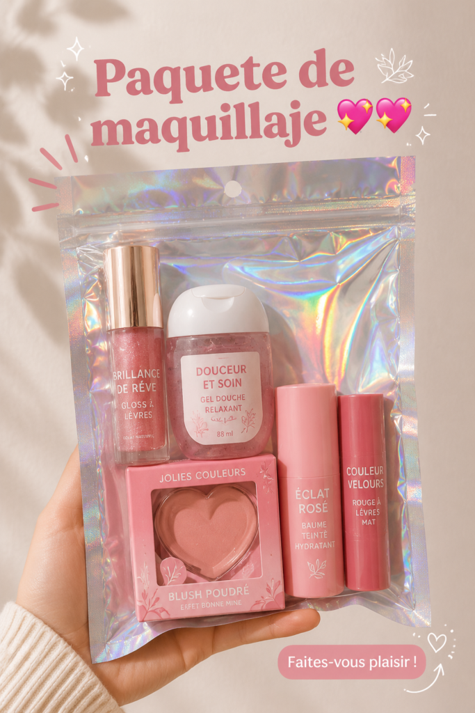 Une trousse de maquillage ouverte contenant des essentiels de beauté