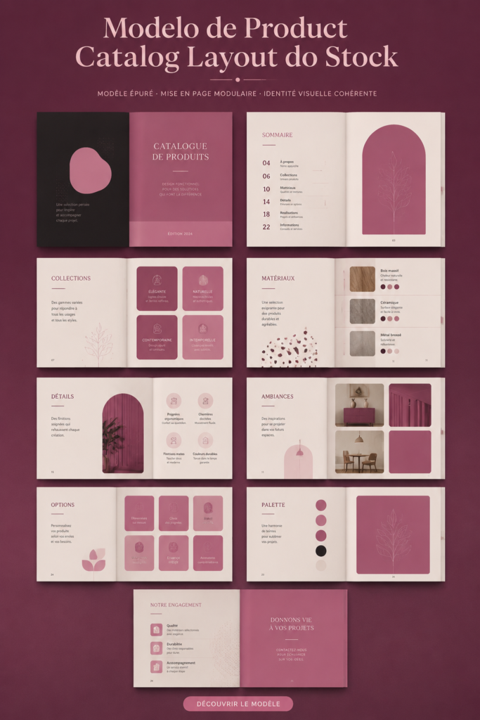 Modèle de catalogue de produits élégant avec une présentation claire et colorée.
