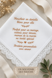 Mouchoir en dentelle blanc personnalisé, idéal pour les mariages et les événements spéciaux.