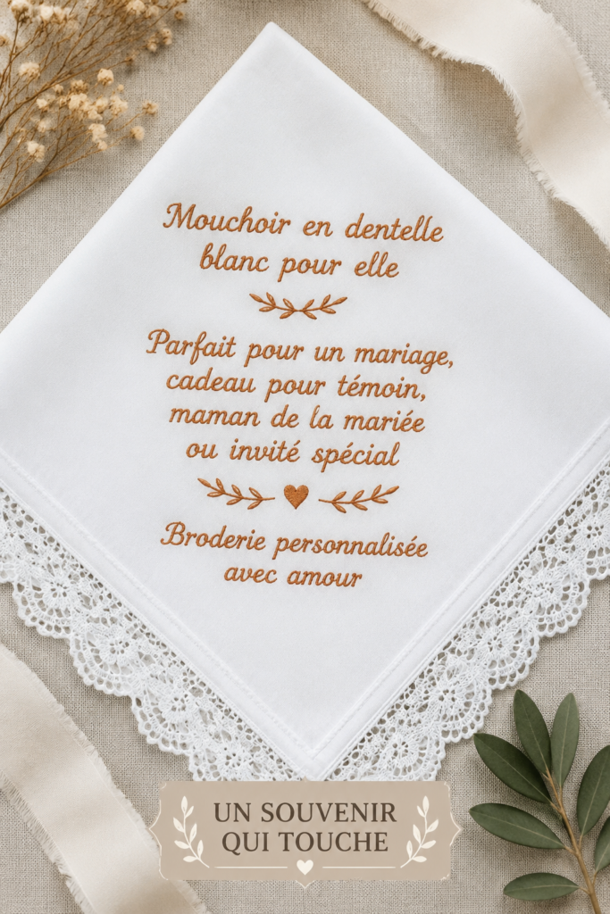 Mouchoir en dentelle blanc personnalisé, idéal pour les mariages et les événements spéciaux.