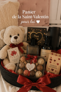 Un panier surprise coloré avec des friandises et des attentions pour la Saint-Valentin.