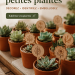Piques décoratives colorées plantées dans de petites plantes d'intérieur