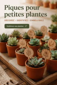 Piques décoratives colorées plantées dans de petites plantes d'intérieur