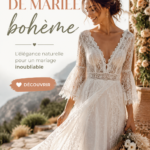 Robe de mariée bohème fluide en dentelle, idéale pour un mariage champêtre.