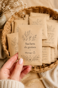 Sachets de graines colorés présentés sur une table de mariage.