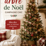 Sapin de Noël décoré dans un style farmhouse avec des éléments naturels et vintage.