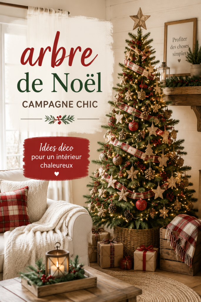 Sapin de Noël décoré dans un style farmhouse avec des éléments naturels et vintage.