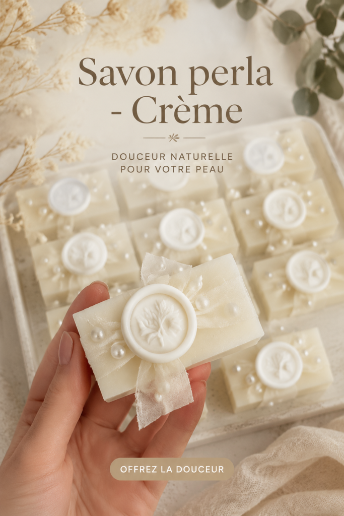 Savon perla et sa crème sur une table en bois, symbole de soins naturels