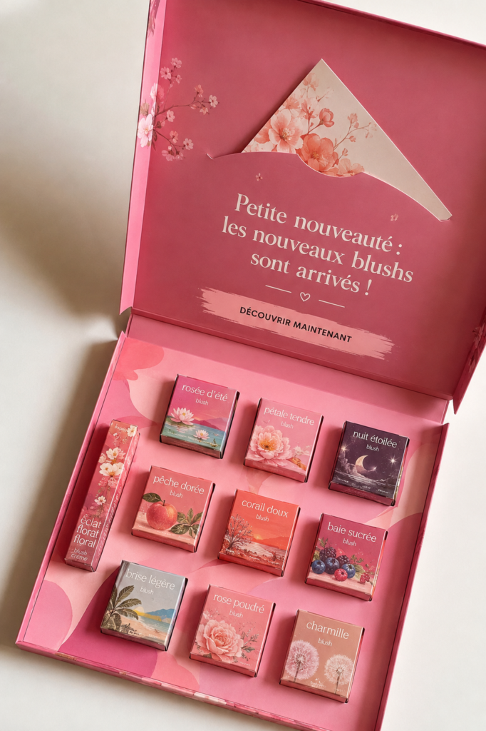 Nouvelles teintes de blush Benefit sur un fond coloré.