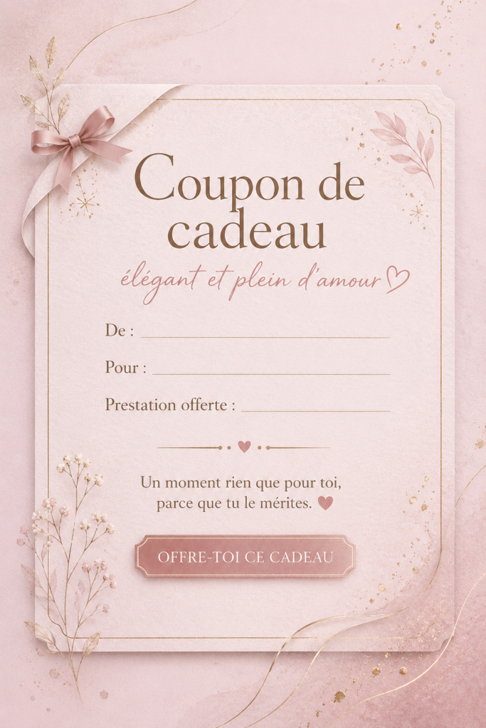Une présentation élégante d'un bon cadeau entouré de fleurs et de décorations douces.