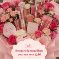 Un vibrant bouquet de maquillage avec divers produits, parfait comme idée cadeau originale pour une sœur.