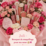 Un vibrant bouquet de maquillage avec divers produits, parfait comme idée cadeau originale pour une sœur.