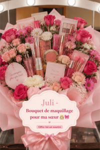 Un vibrant bouquet de maquillage avec divers produits, parfait comme idée cadeau originale pour une sœur.