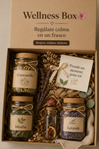 Box bien-être avec des produits apaisants sur une table en bois