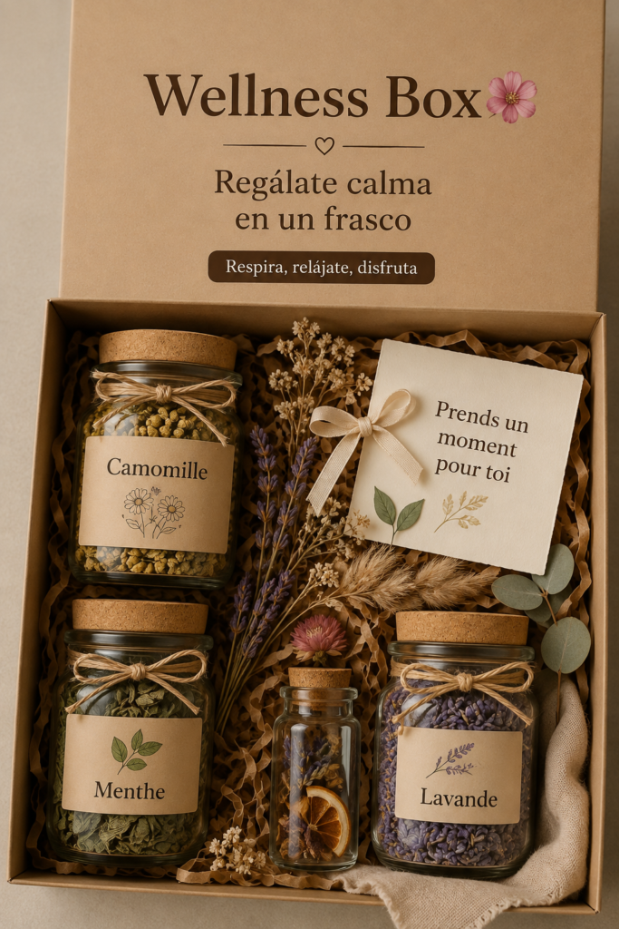 Box bien-être avec des produits apaisants sur une table en bois