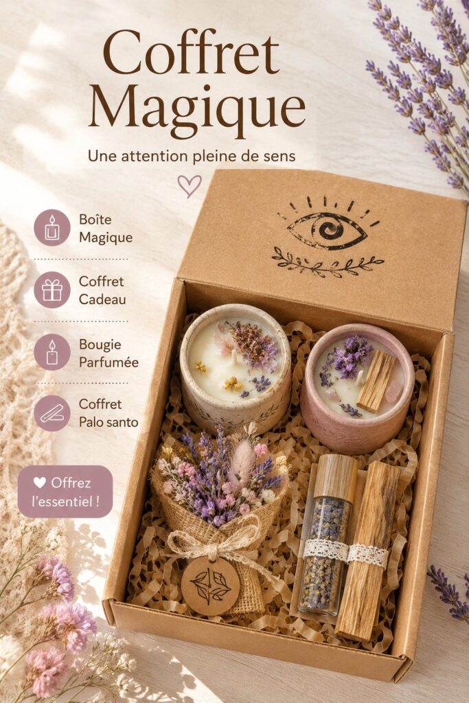 Box cadeau bien-être avec bougies parfumées et palo santo, présentation chaleureuse.