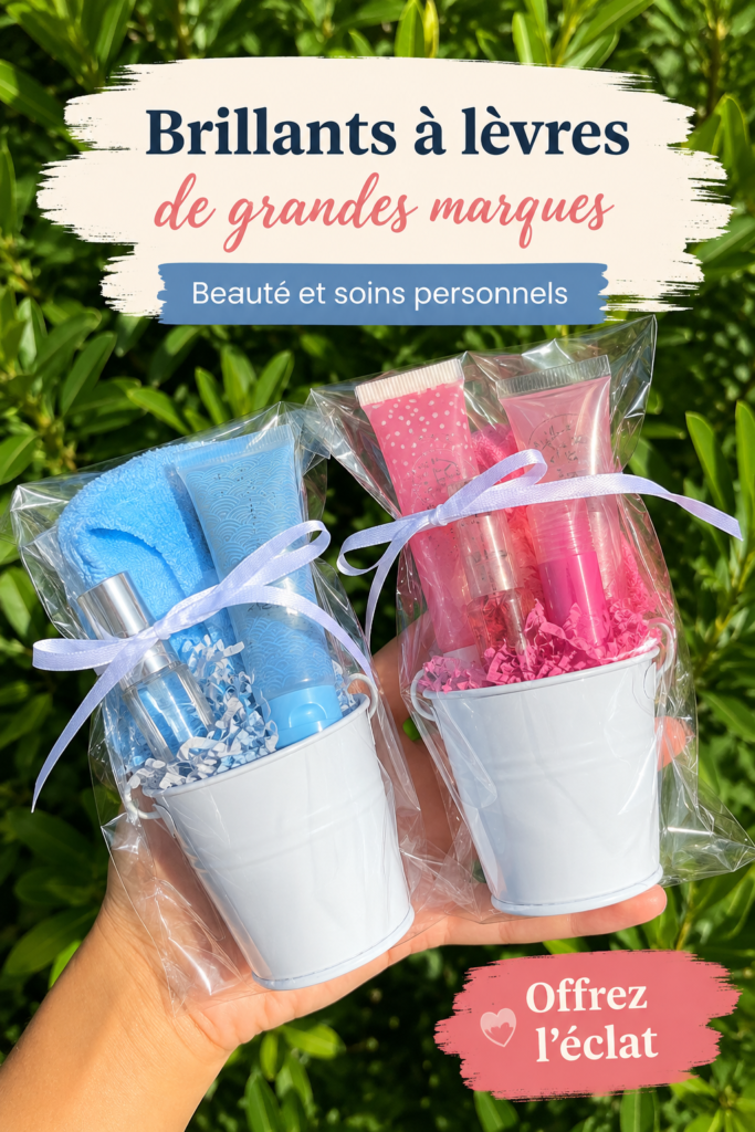 Sélection de produits de beauté soigneusement arrangés sur une table, prêts à offrir.