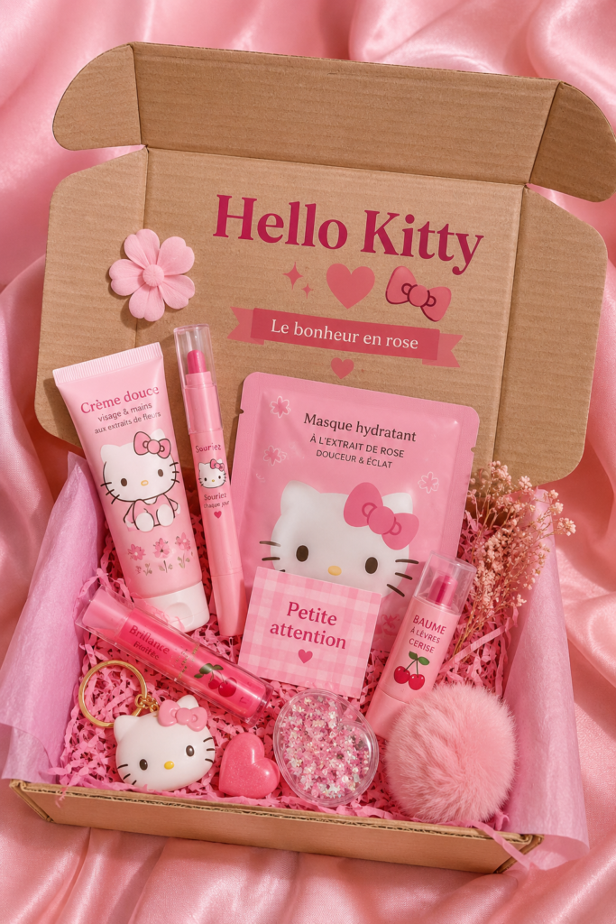 Cadeaux Hello Kitty variés, incluant plushies et accessoires colorés