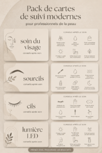 Exemple de cartes de soins modernes pour les professionnels de la beauté, illustrant leur design élégant et pratique.