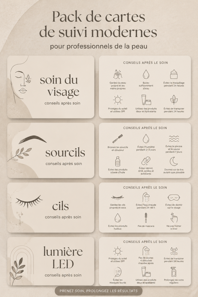 Exemple de cartes de soins modernes pour les professionnels de la beauté, illustrant leur design élégant et pratique.