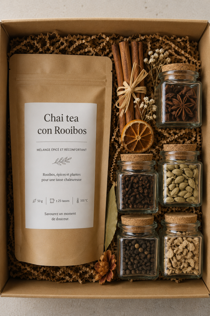 Un chai tea au rooibos accompagné de biscuit savoureux sur une table en bois.