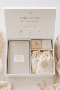 Coffret souvenirs rempli de photos et objets d'enfance sur une table