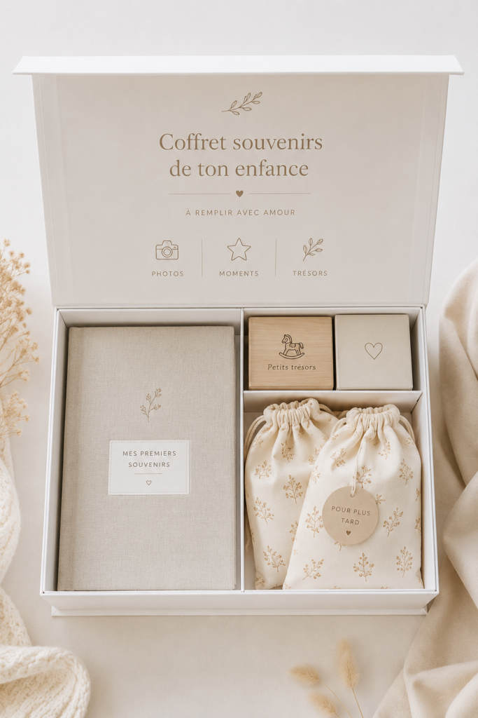 Coffret souvenirs rempli de photos et objets d'enfance sur une table