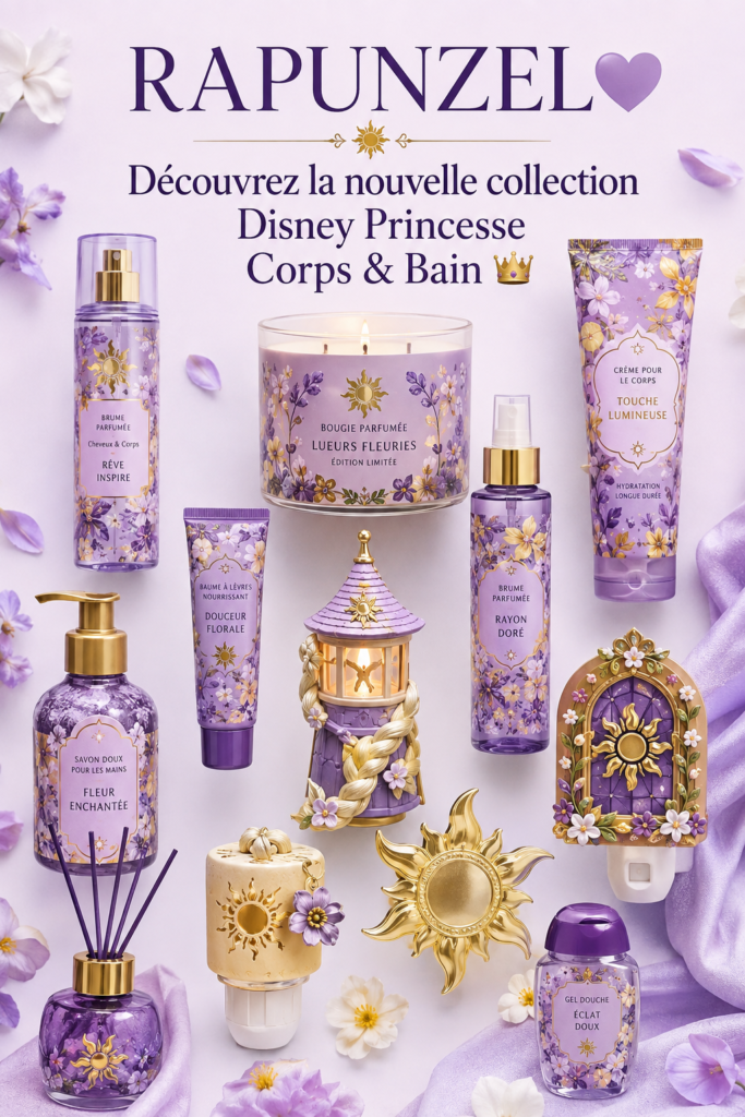 Produits de la collection Raiponce de Bath & Body Works sur un joli fond coloré.