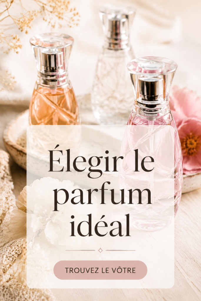 Femme devant un comptoir de parfumerie, choisissant un parfum avec soin.