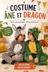 Un enfant portant un costume d'âne et de dragon, souriant lors d'une fête.