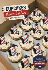 Cupcakes décorés sur le thème des barbiers, avec des éléments de barbe et de rasage.