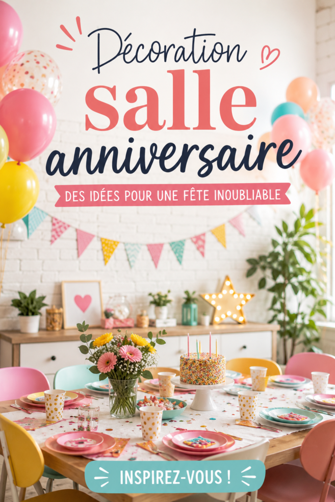 Salle d'anniversaire joliment décorée avec des ballons et guirlandes colorées