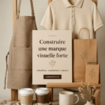 Un tableau présentant des éléments de design de marque visuel avec des couleurs vives et des logos.