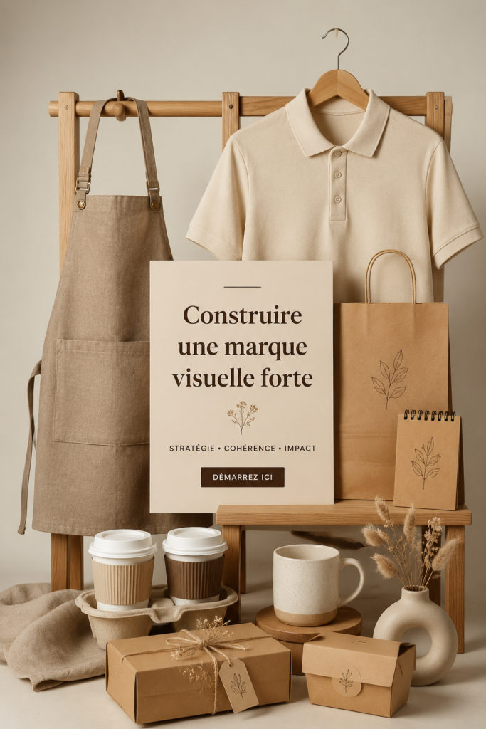Un tableau présentant des éléments de design de marque visuel avec des couleurs vives et des logos.