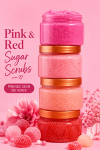 Gommages sucrés roses et rouges présentés dans des bocaux élégants, parfaits pour un cadeau.