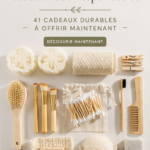 Sélection de cadeaux écoresponsables sur une table en bois.