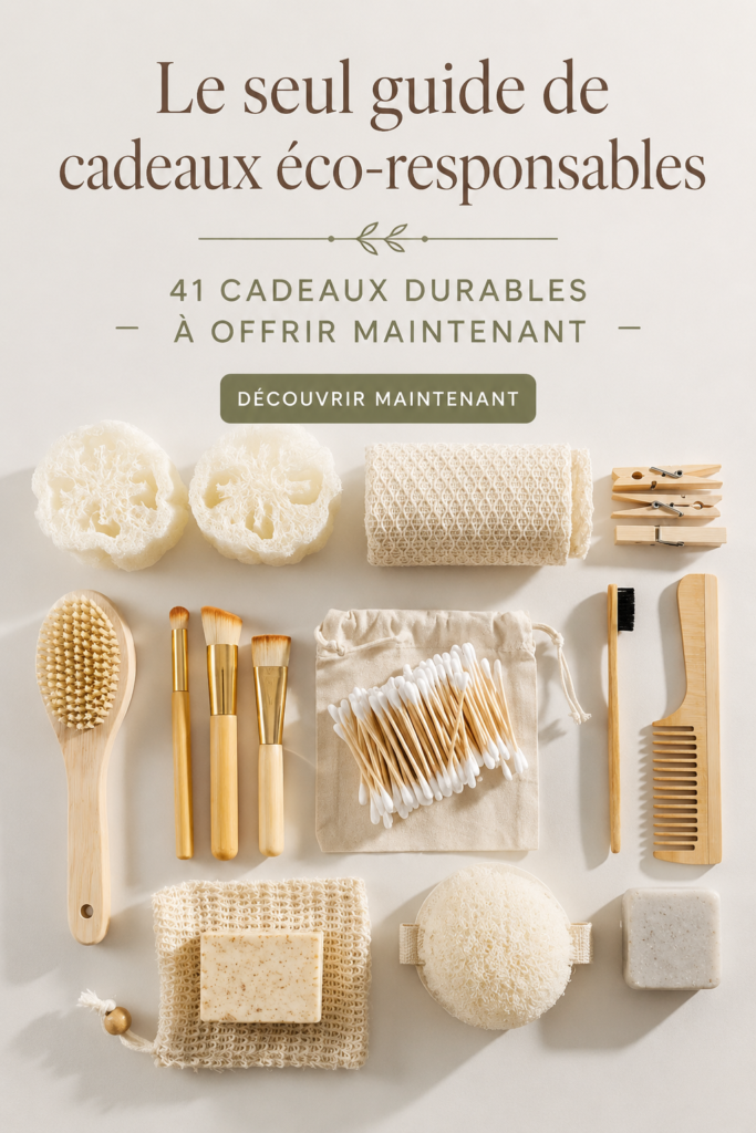 Sélection de cadeaux écoresponsables sur une table en bois.