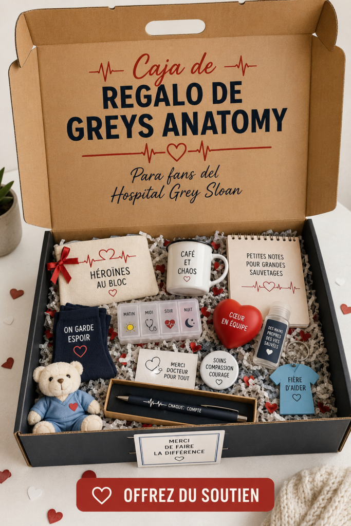 Cadeaux inspirés par Grey's Anatomy, incluant mugs, T-shirts et objets de collection.