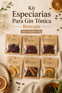Un kit d'épices pour gin toniqué avec plusieurs sachets colorés sur une table en bois