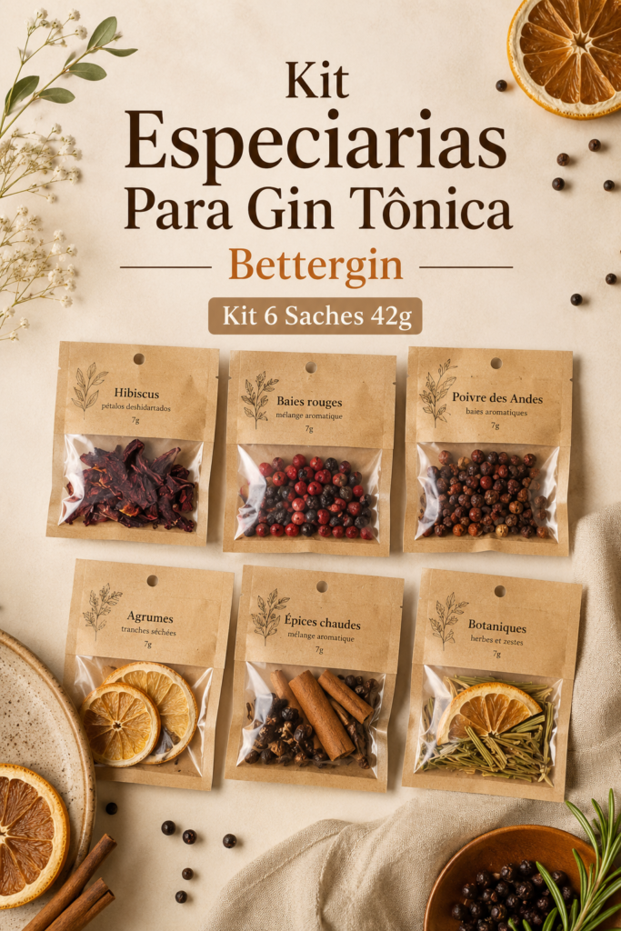 Un kit d'épices pour gin toniqué avec plusieurs sachets colorés sur une table en bois