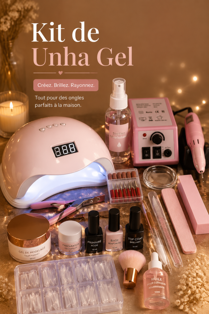 Un kit de vernis semi-permanent avec des couleurs diverses sur une table de manucure.